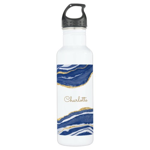 Blue Marble Agate Gold Glitter Personalized Stainless Steel Water Bottle