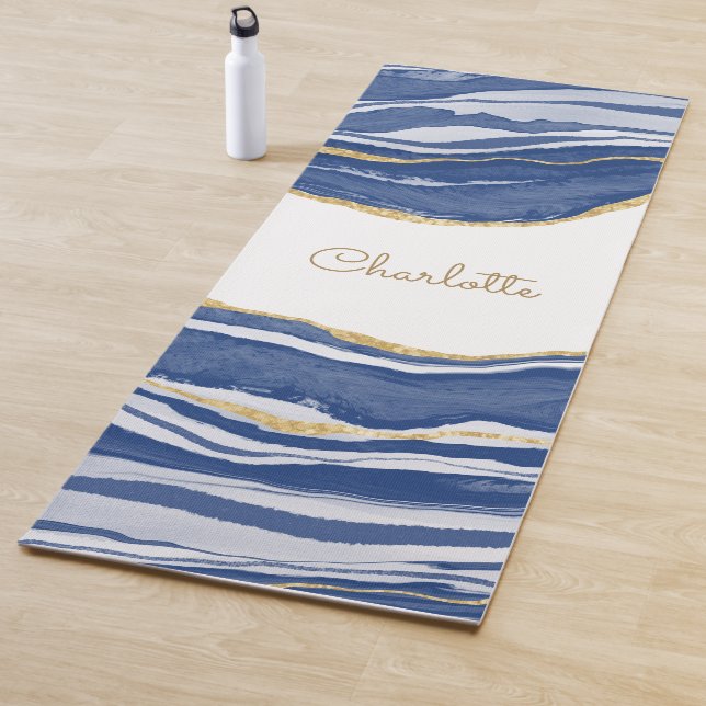 Blue Marble Agate Gold Glitter Personalized Yoga Mat (In Situ)