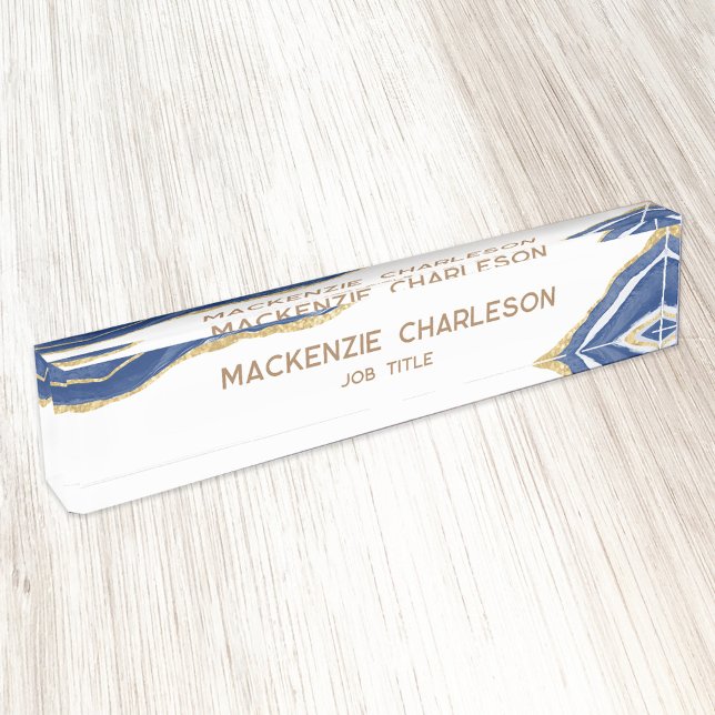 Blue Marble Agate Gold Glitter Professional Desk Name Plate (Blue, gold and white personalized custom text agate marble watercolor professional desk name plate)