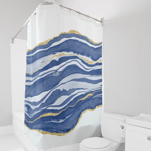 Blue Marble Agate Gold Glitter Shower Curtain