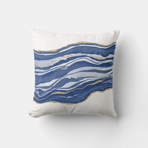 Blue Marble Agate Gold Glitter Throw Pillow