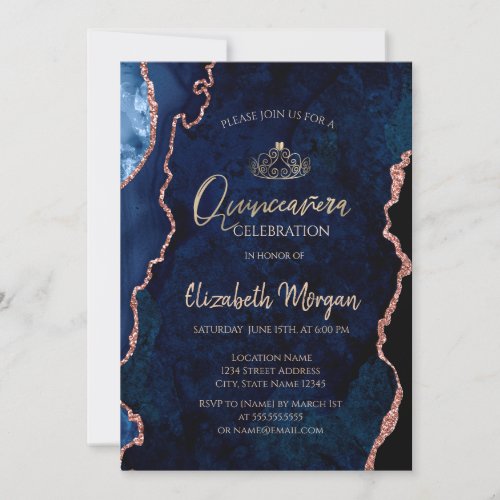 Blue Marble Agate Rose Gold Tiara Quinceaera  Invitation