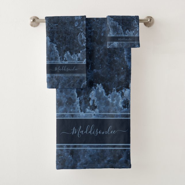 Blue Marble Agate Script Minimal Simple Chic Bath  Towel Set (Insitu)