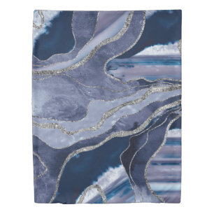 Blue Marble Agate Silver Glitter Glam #1 Duvet Cover