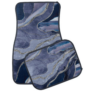 Blue Marble Agate Silver Glitter Glam #1 (Faux Gli Car Floor Mat