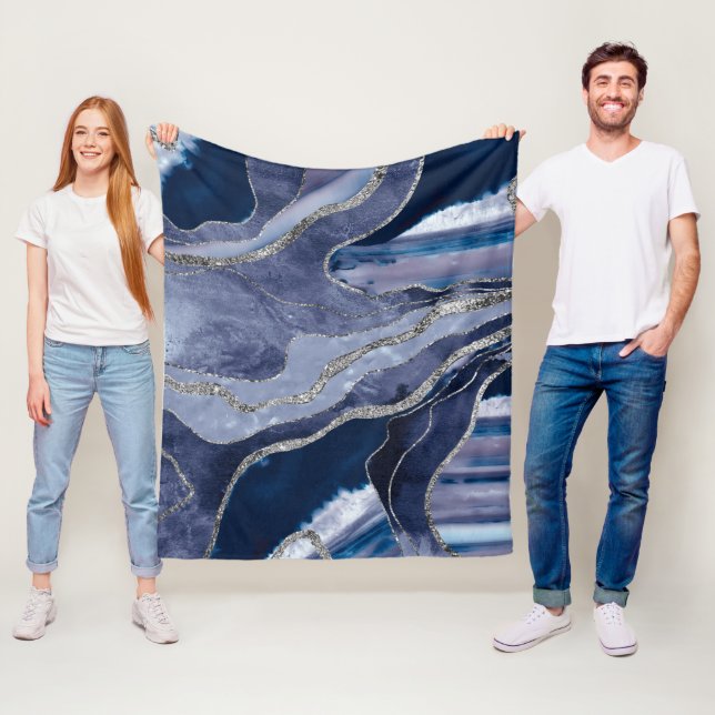 Blue Marble Agate Silver Glitter Glam #1  Fleece Blanket (In Situ)