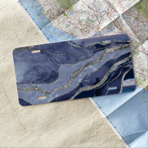 Blue Marble Agate Silver Glitter Glam #1 License Plate