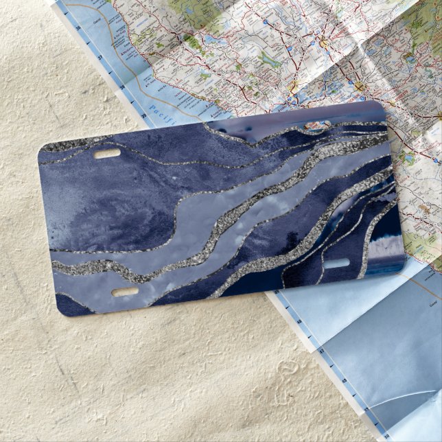 Blue Marble Agate Silver Glitter Glam #1  License Plate (In Situ)