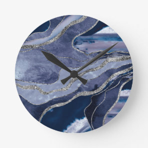 Blue Marble Agate Silver Glitter Glam #1  Round Clock
