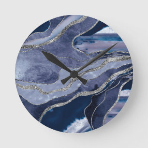Blue Marble Agate Silver Glitter Glam #1 Round Clock