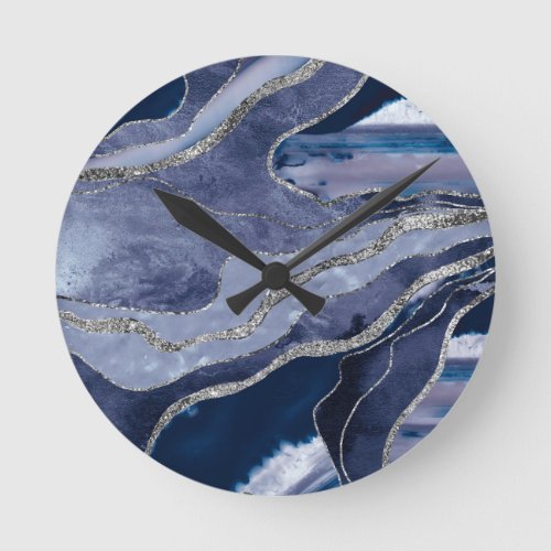 Blue Marble Agate Silver Glitter Glam 1  Round Clock