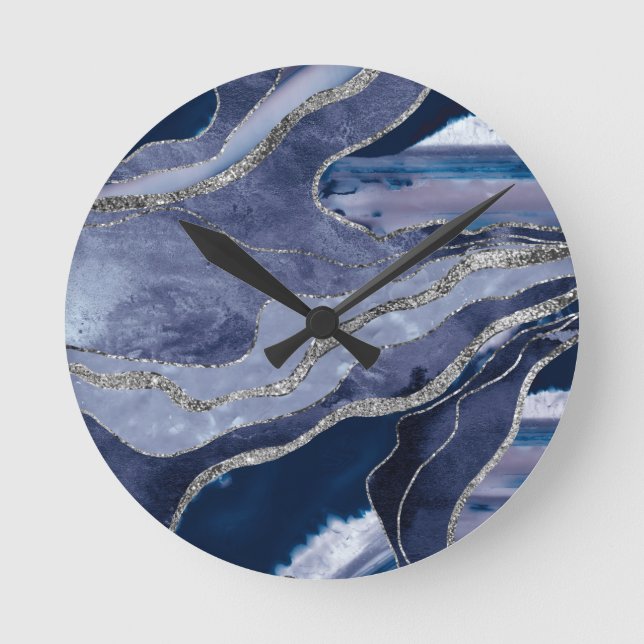 Blue Marble Agate Silver Glitter Glam #1  Round Clock (Front)