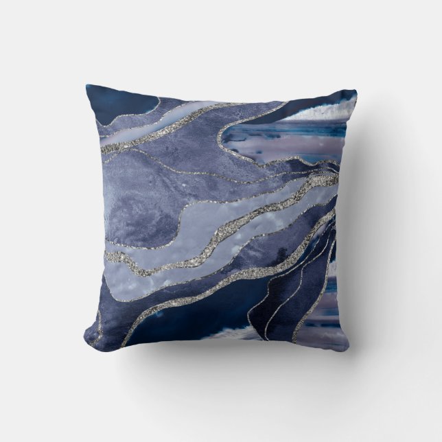 Blue Marble Agate Silver Glitter Glam #1  Throw Pillow (Front)