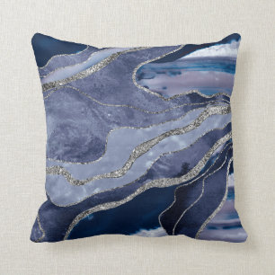 Blue Marble Agate Silver Glitter Glam #1 Throw Pillow