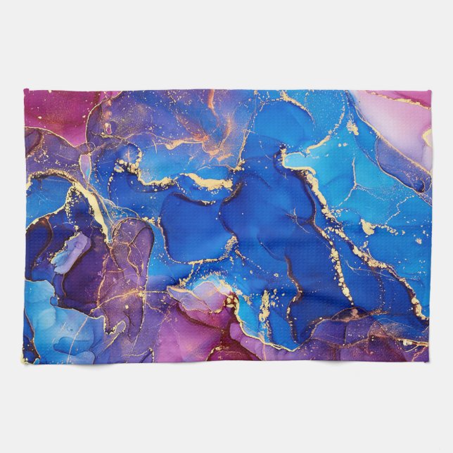 BLUE MARBLE AGATE SILVER GLITTER GLAM KITCHEN TOWEL (Horizontal)