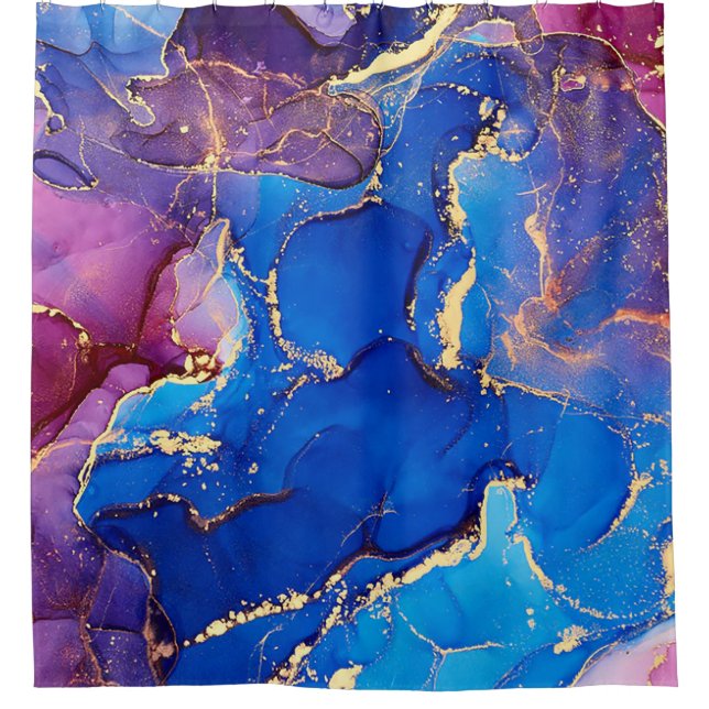 BLUE MARBLE AGATE SILVER GLITTER GLAM SHOWER CURTAIN (Front)