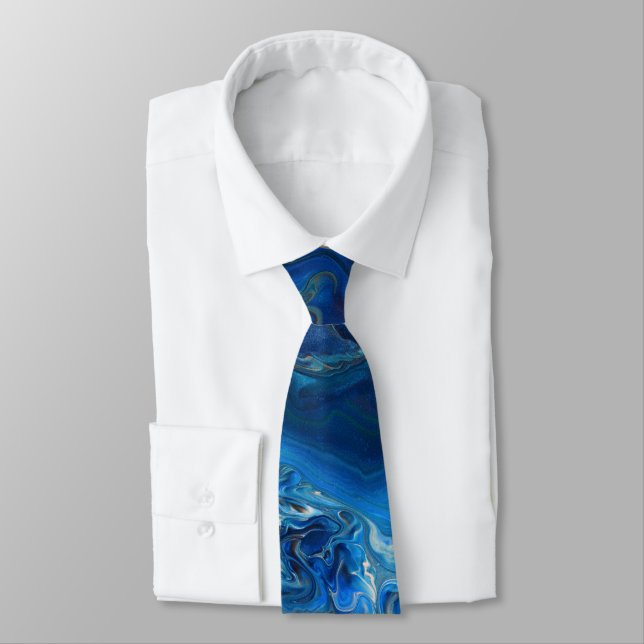 Blue Marble Agate Texture Fluid Art  Neck Tie (Tied)