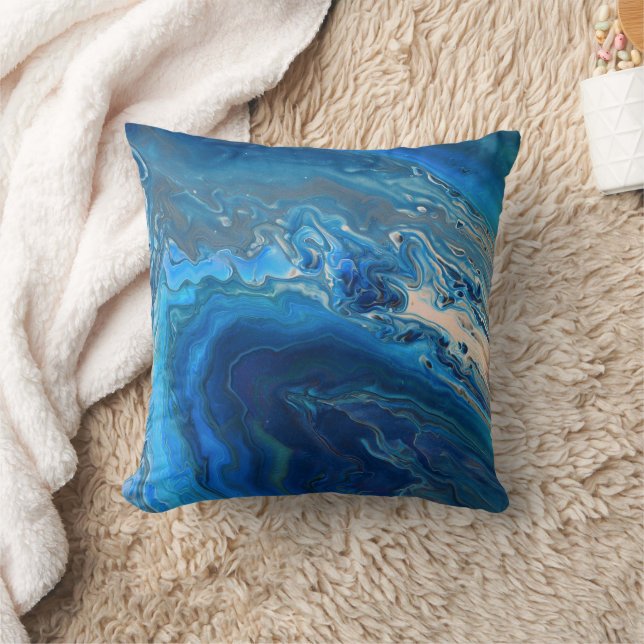 Blue Marble Agate Texture Fluid Art Throw Pillow (Blanket)