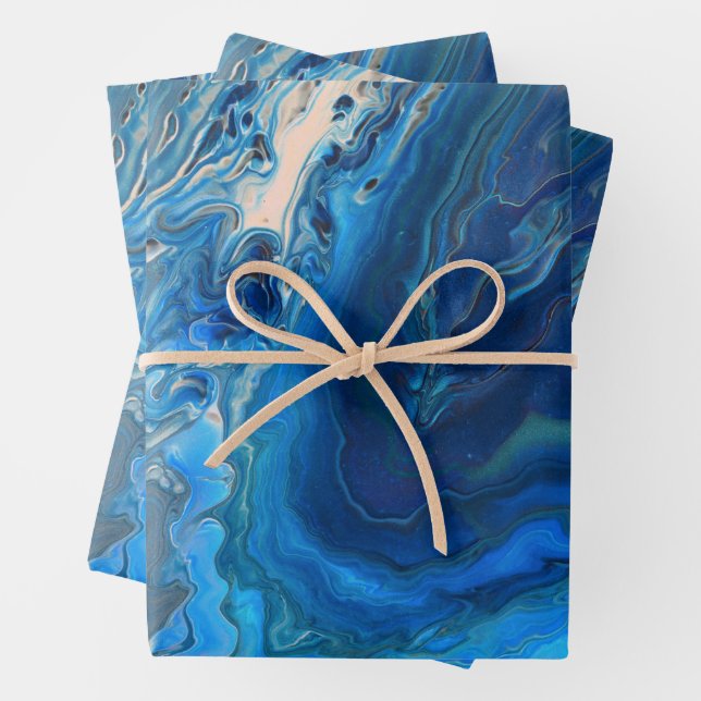 Blue Marble Agate Texture Fluid Art Wrapping Paper Sheets (In situ)