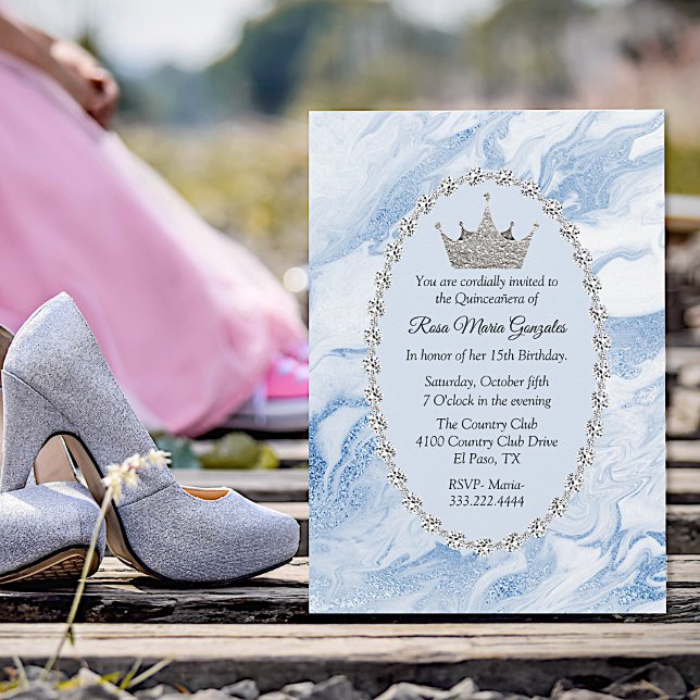 Blue Marble and Diamonds Crown Quinceañera Invitation
