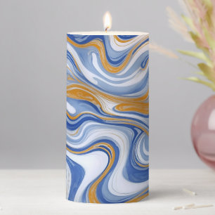 Blue Marble Blue and White Marbled Waves Pillar Candle