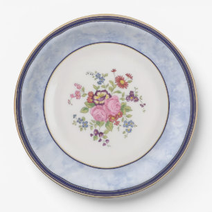Blue Marble Border Pink Floral Garden Tea Party Paper Plates