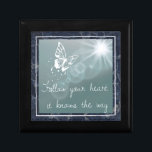 Blue Marble Butterfly Follow Your Heart Quote Gift Box<br><div class="desc">Inspiring quote on dreamy trinket box with dark blue marble (printed effect) background.</div>