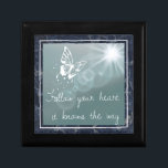 Blue Marble Butterfly Follow Your Heart Quote Gift Box<br><div class="desc">Inspiring quote on dreamy trinket box with dark blue marble (printed effect) background.</div>