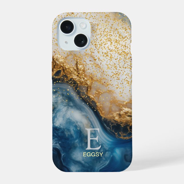 Blue marble chic gold glitter monogram iphone case (Back)
