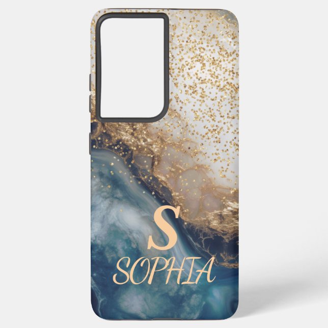 blue marble chic gold glitter monogram samsung galaxy case (Back)