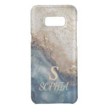 blue marble chic gold glitter monogram