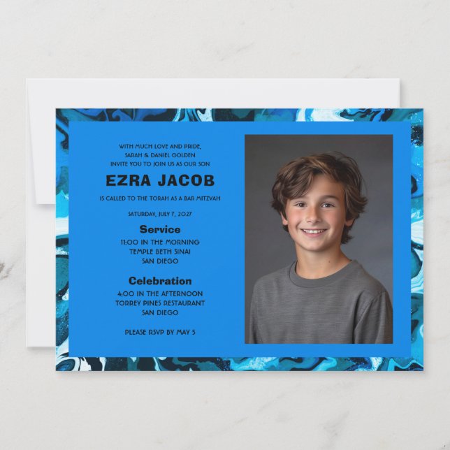 Blue Marble Custom PHOTO Bar Bat Mitzvah Invitation (Front)