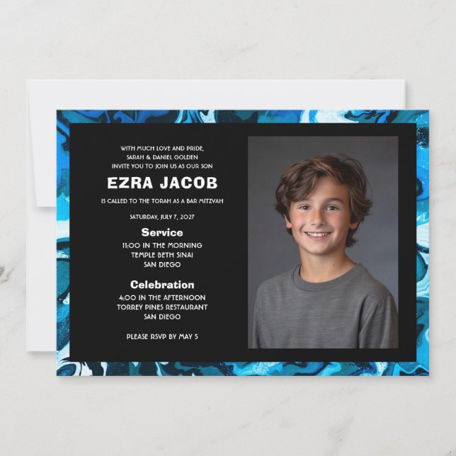 Blue Marble Custom PHOTO Bar Bat Mitzvah Invitation (Front)