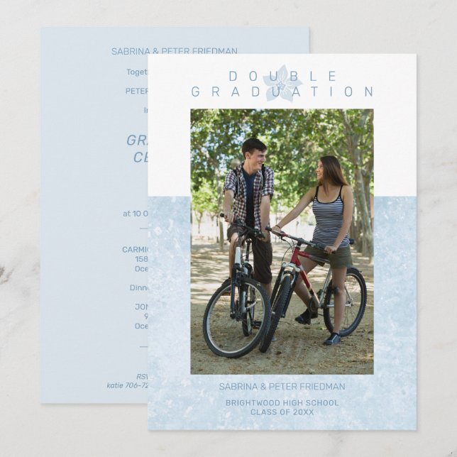 Blue Marble Effect Romantic Photo Twins Graduation Invitation (Front/Back)