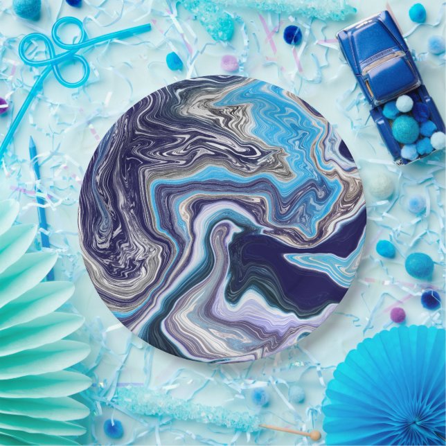 Blue Marble Fluid Art Birthday Paper Plates (Party)