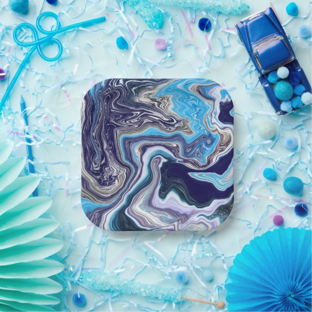 Blue Marble Fluid Art Birthday   Paper Plates (Party)