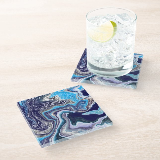Blue Marble Fluid Art Glass Coaster (Angled)