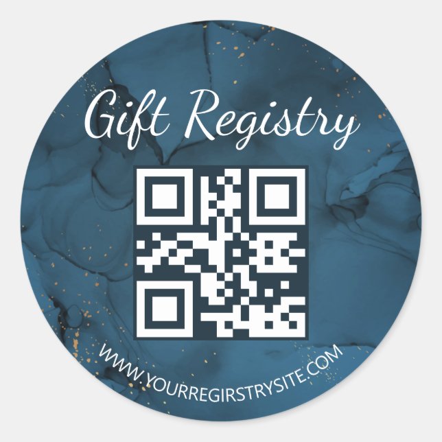  blue marble gift registry qr code baby shower classic round sticker (Front)