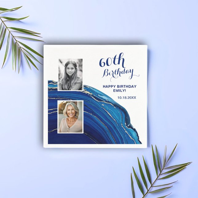 Blue Marble Glitter 2 Photo Birthday Party Napkins (Creator Uploaded)