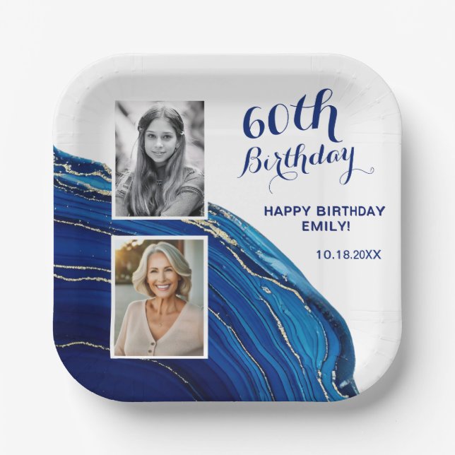 Blue Marble Glitter 2 Photo Birthday Party Paper Plates (Front)