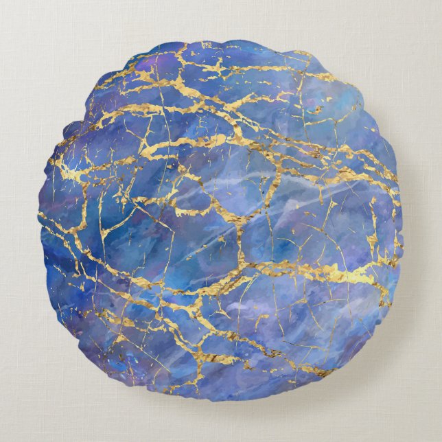 Blue Marble Gold Abstract Texture Round Pillow (Front)