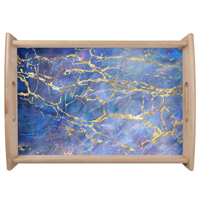 Blue Marble Gold Abstract Texture Serving Tray (Front)