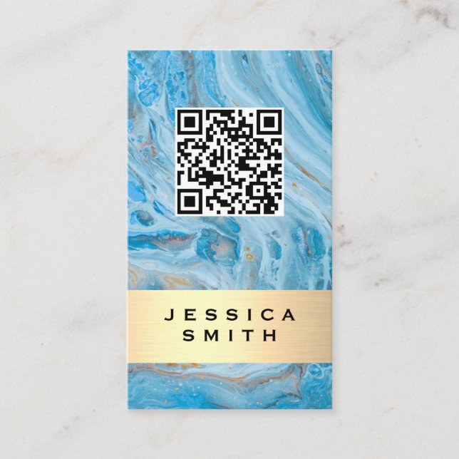 Blue Marble | Gold Brushed | QR Label Business Card (Front)