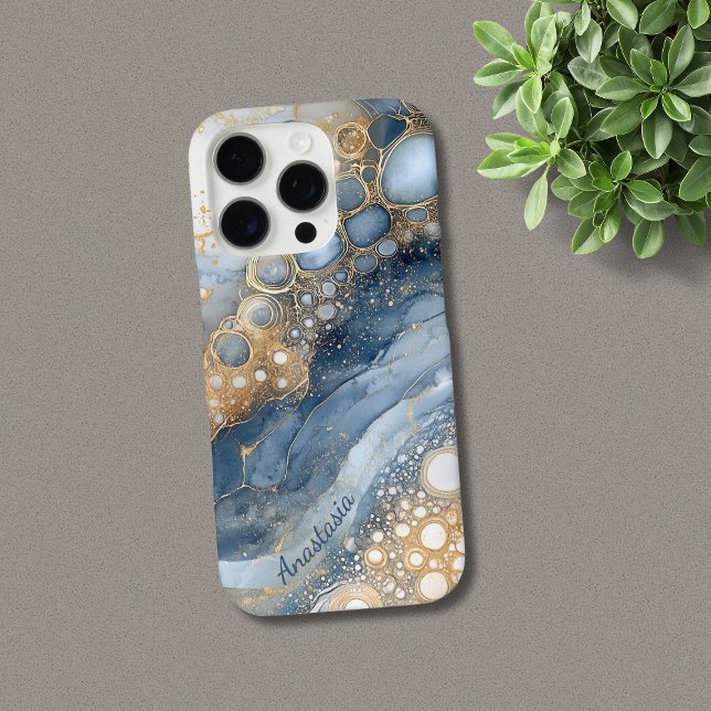 Blue Marble Gold Glitter Personalized Case-Mate iPhone Case (Exquisite Blue Marble with Gold Glitter Personalized iPhone Case with Script Calligraphy.)