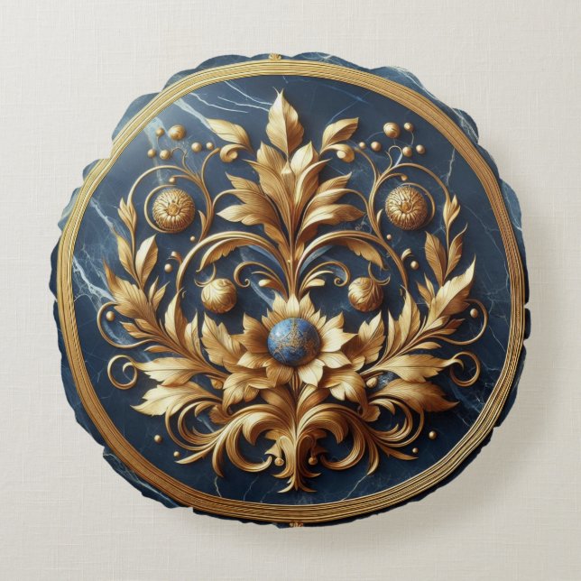 Blue Marble Gold-Trim Round Decorative Pillow (Front)