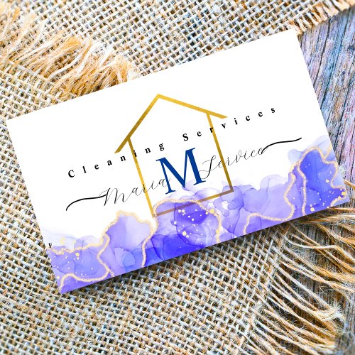 Blue marble golden house design cleaning service  business card