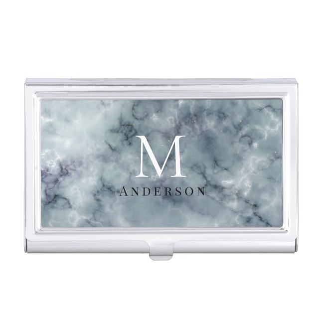 blue marble masculine double monogram business card case (Front)