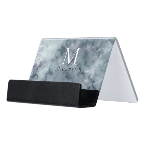 blue marble masculine double monogram desk business card holder