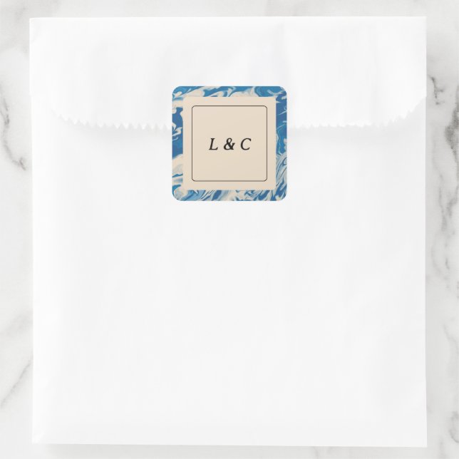 Blue Marble Modern Coastal Wedding Favor Square Sticker (Bag)