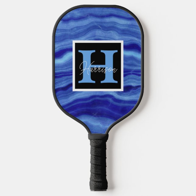 Blue Marble Monogram Name Personalized Pickleball Paddle (Front)